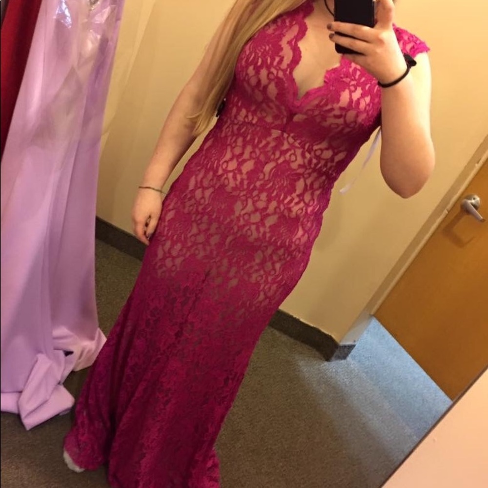 Full Length Pink Lace Prom Dress